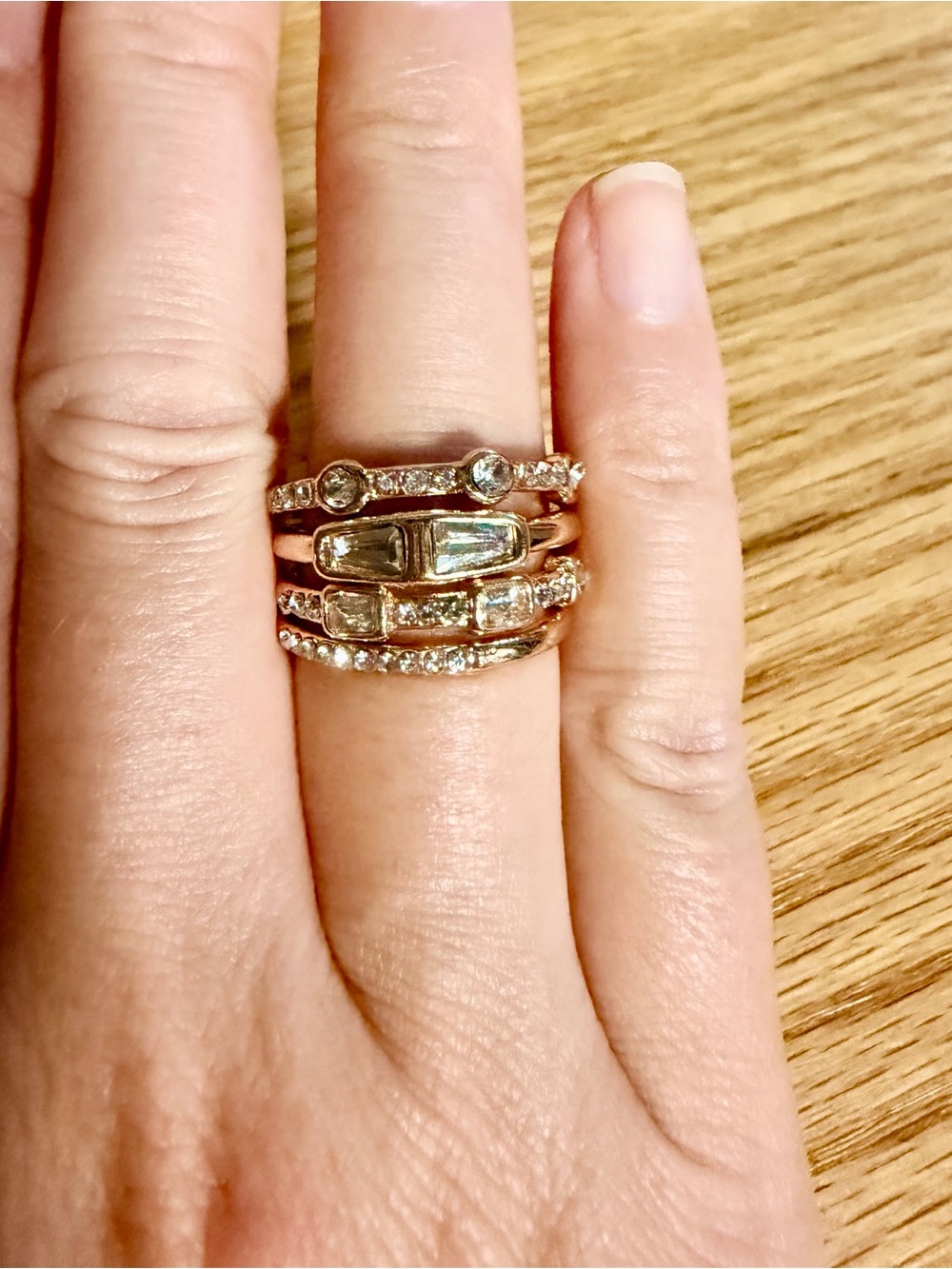 Size 7 Stackable CZ Baguette and Pave Ring Set in Rose Gold
